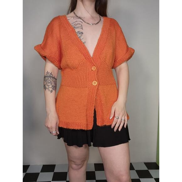 Handmade Bright Vibrant Orange Chunky Knit Button Up Short Sleeve Sweater Sz Med - Picture 4 of 6